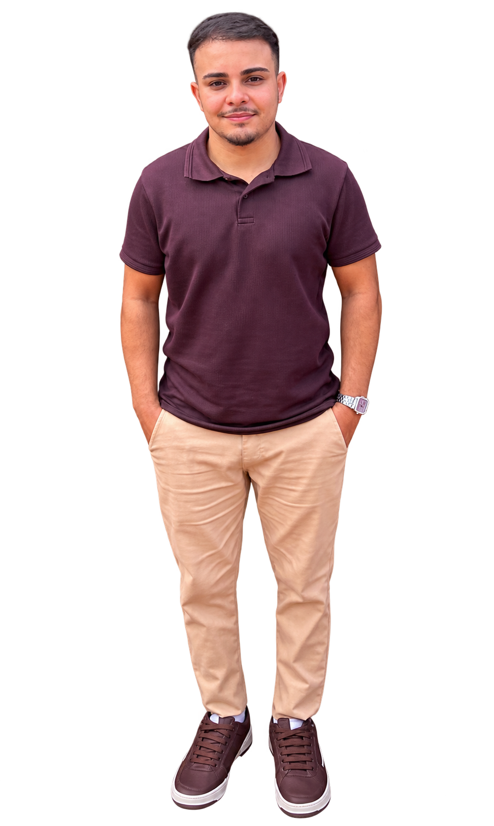 Gabriel Oliveira em pé, com camisa polo vinho e calça bege